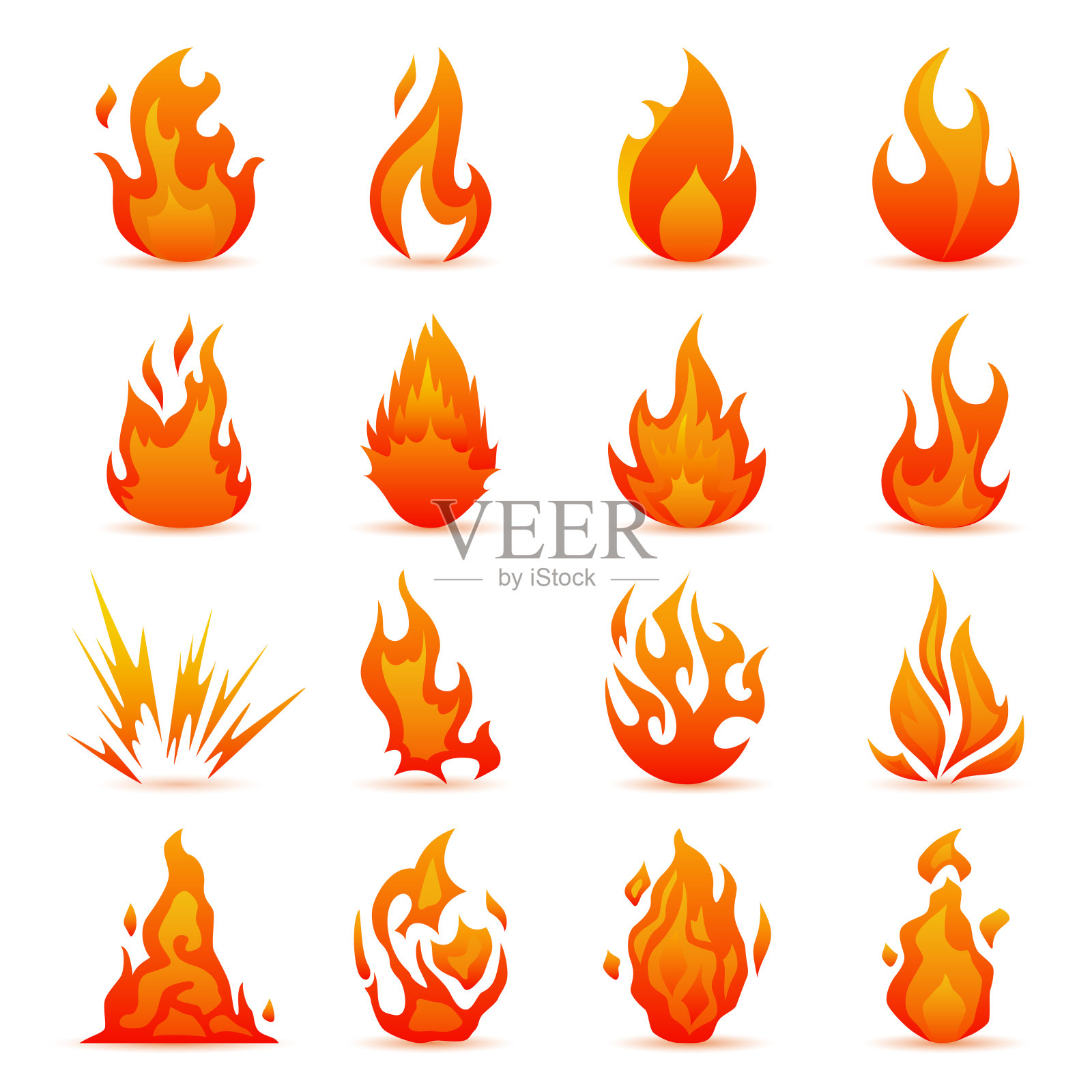 向量火和火焰图标集。彩色火焰在平面风格。简单,图标篝火图标素材