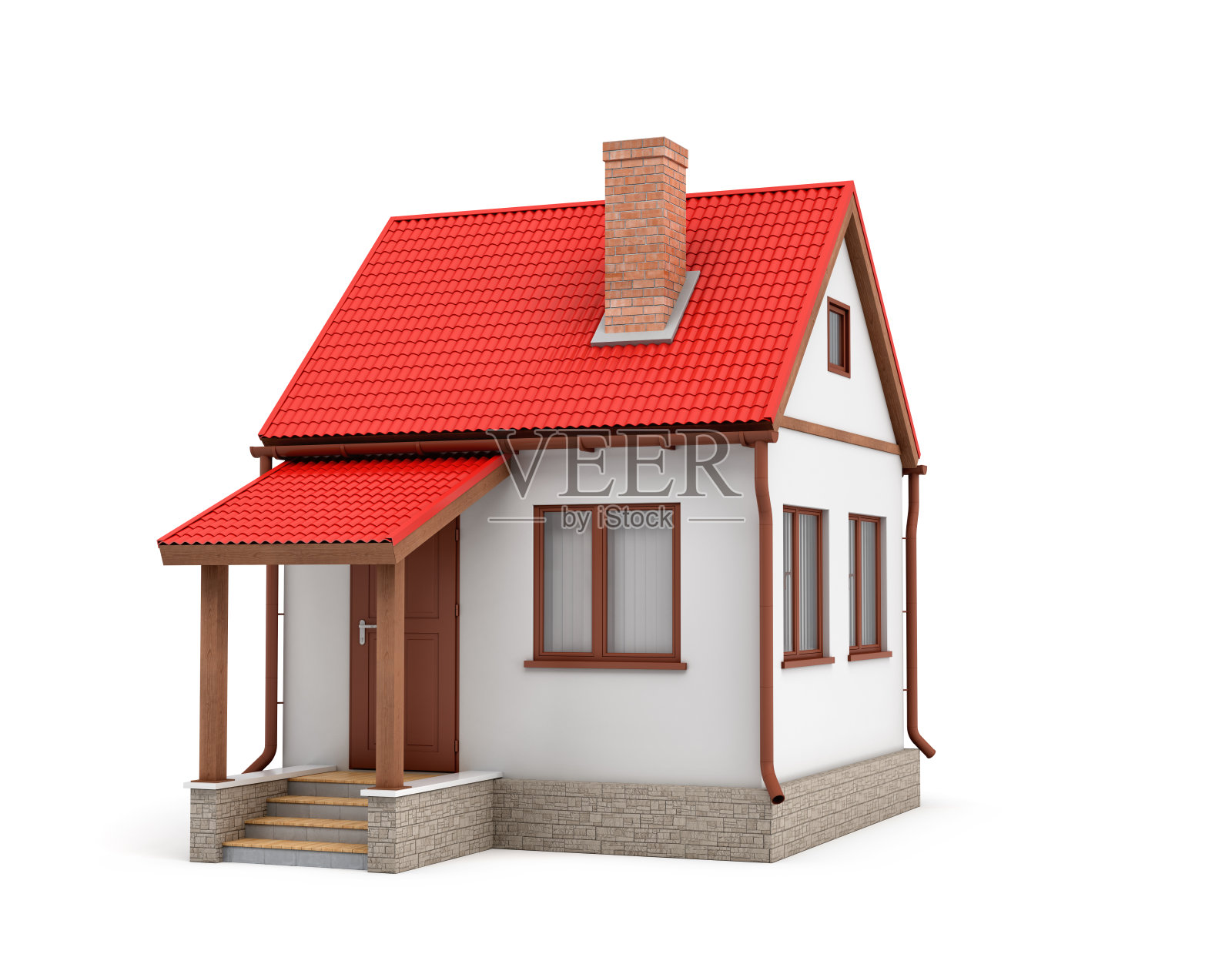 一个白色背景上有一个红色屋顶和一个烟囱的小型住宅的3d渲染。设计元素图片
