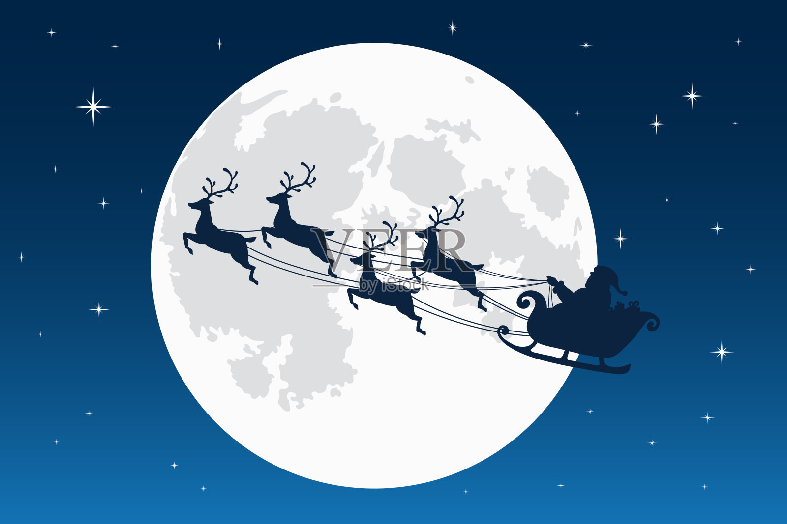 圣诞老人驾着驯鹿雪橇飞行。黑暗的剪影。背景是满月和星星。圣诞节和新年的象征。矢量插图。卡通风格插画图片素材