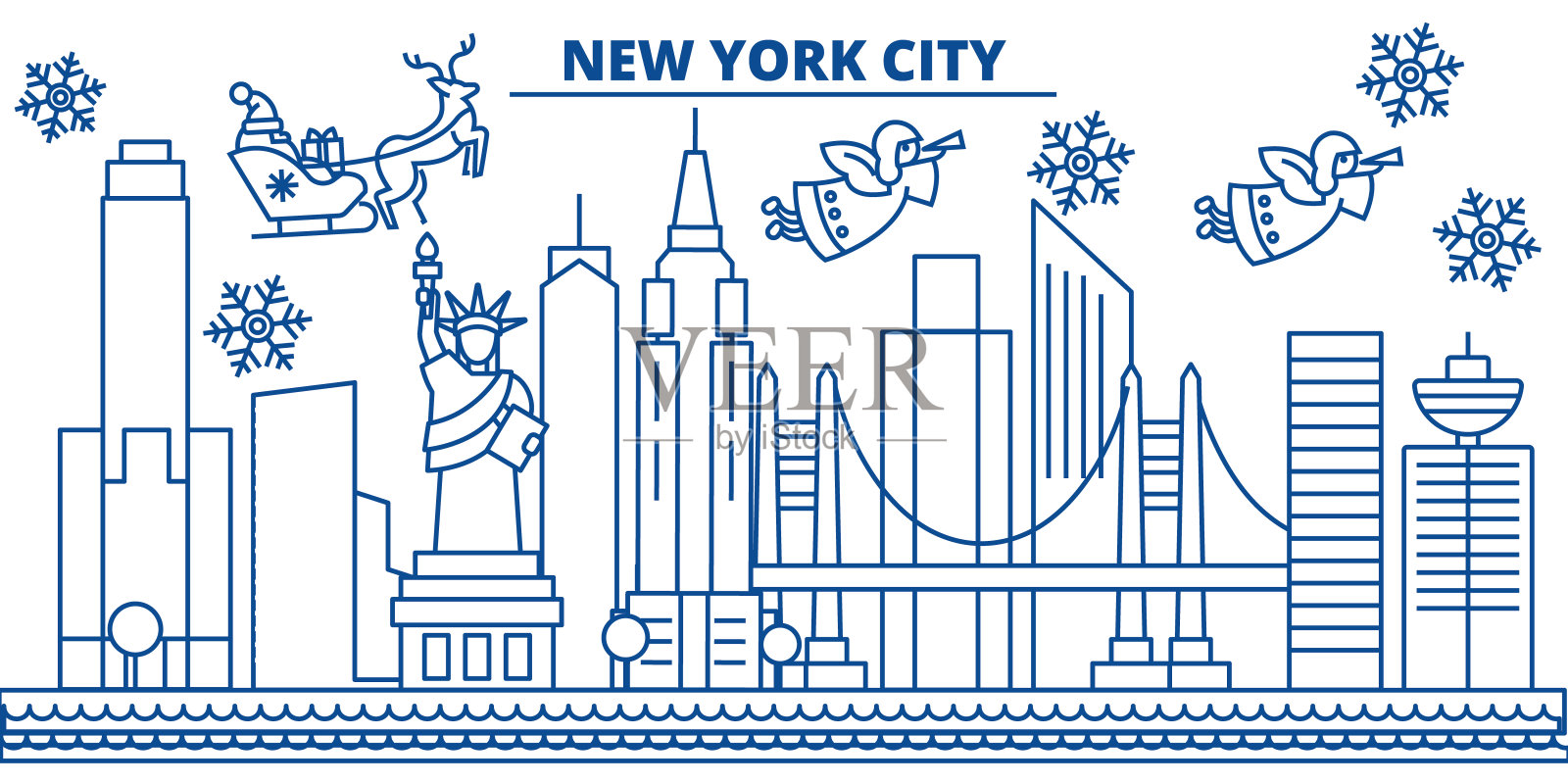 美国纽约，纽约市冬季城市的天际线。圣诞快乐，新年快乐的横幅装饰。冬天的贺卡上有雪花和圣诞老人。平,行向量。线性圣诞插图插画图片素材