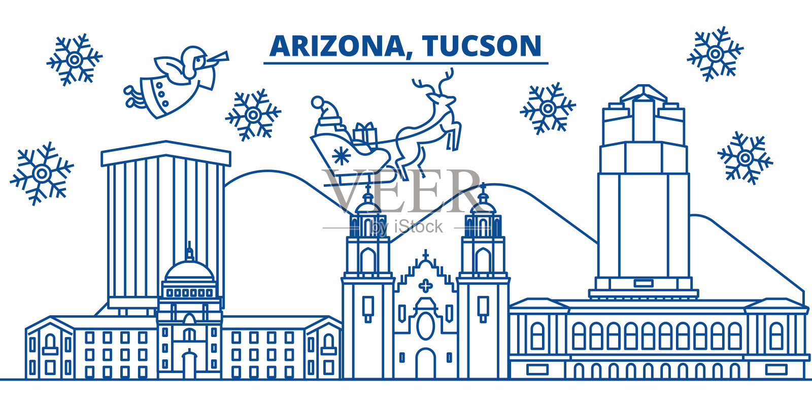 美国亚利桑那州图森冬季城市天际线。圣诞快乐，新年快乐的横幅装饰。冬天的贺卡上有雪花和圣诞老人。平,行向量。线性圣诞插图插画图片素材