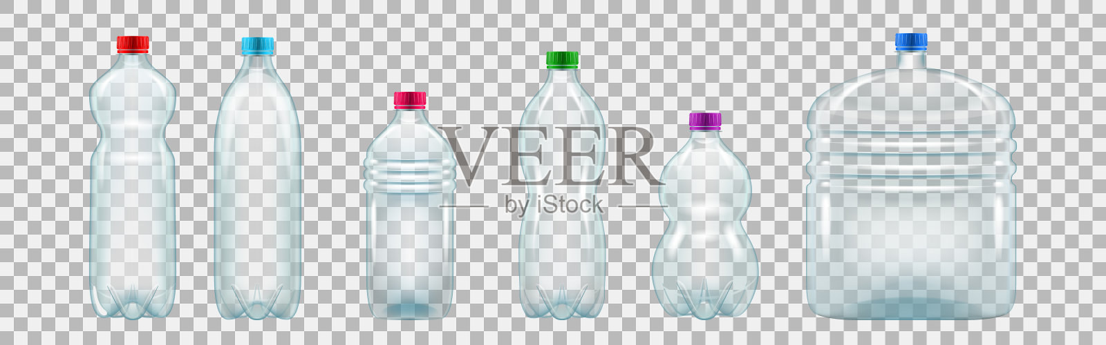 一套逼真的塑料瓶的各种形状和大小插画图片素材