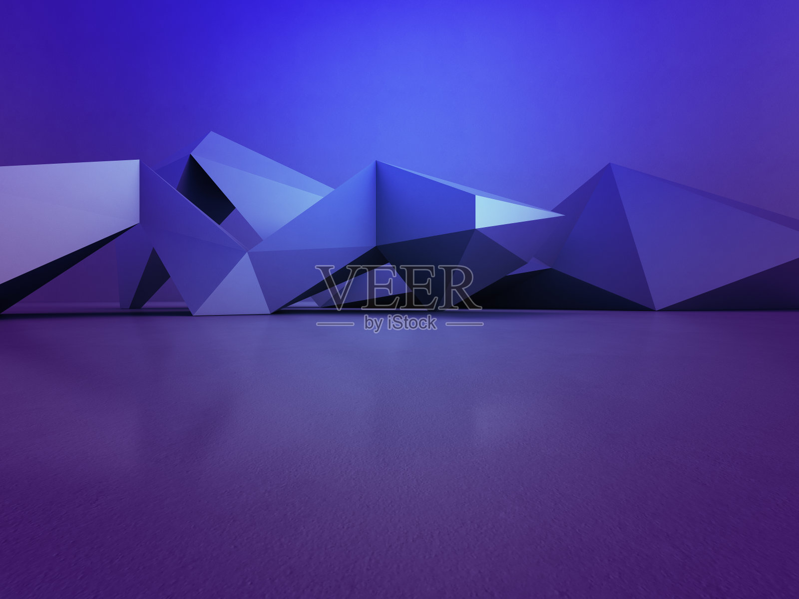 几何形状的结构在空的混凝土地板上，蓝色墙壁背景的大厅或现代展厅，未来建筑的施工技术-抽象的室内设计3d插图插画图片素材