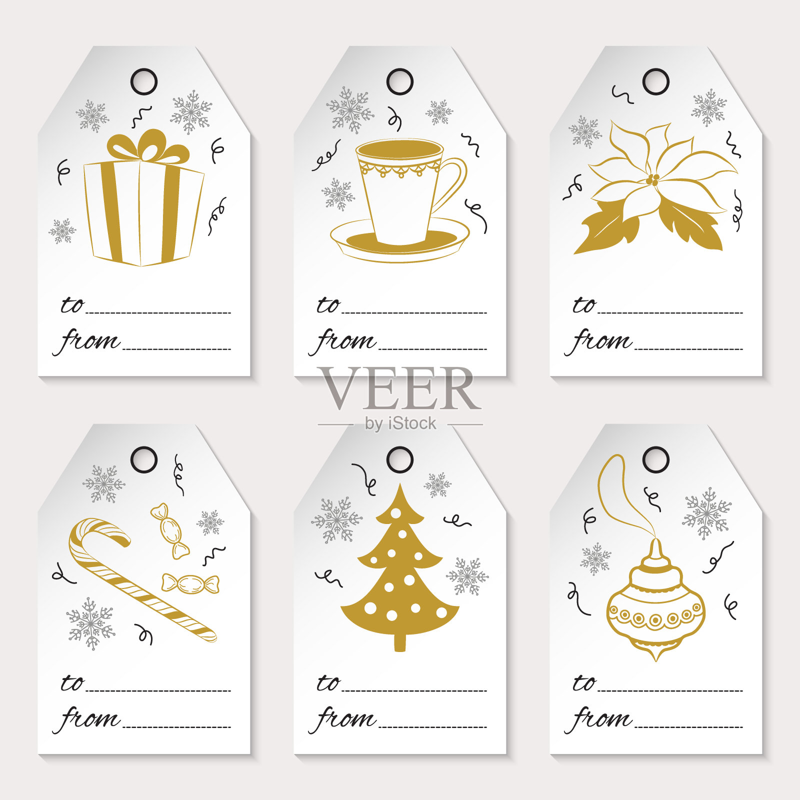 一套六个圣诞或新年礼物标签与节日的图标和冬天的象征。金色元素孤立在白色背景上。用于你的设计，剪贴簿，包装，销售。向量图标素材