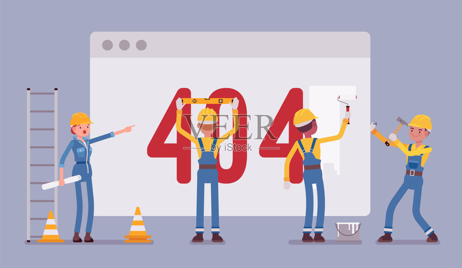 页面中有正在构建的404错误代码插画图片素材