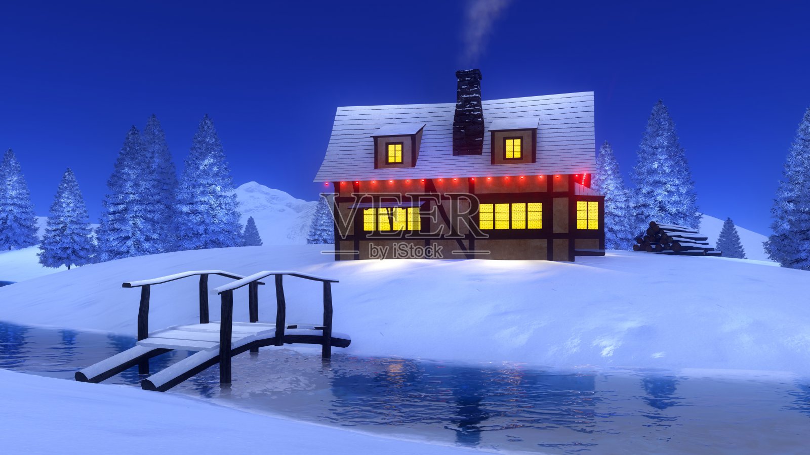 冬夜在结冰的河边的乡村小屋插画图片素材