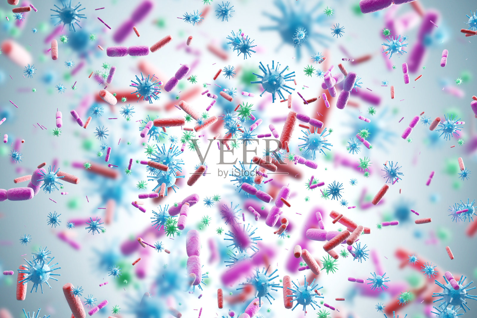 粉色和蓝色的病毒，蓝色的背景插画图片素材