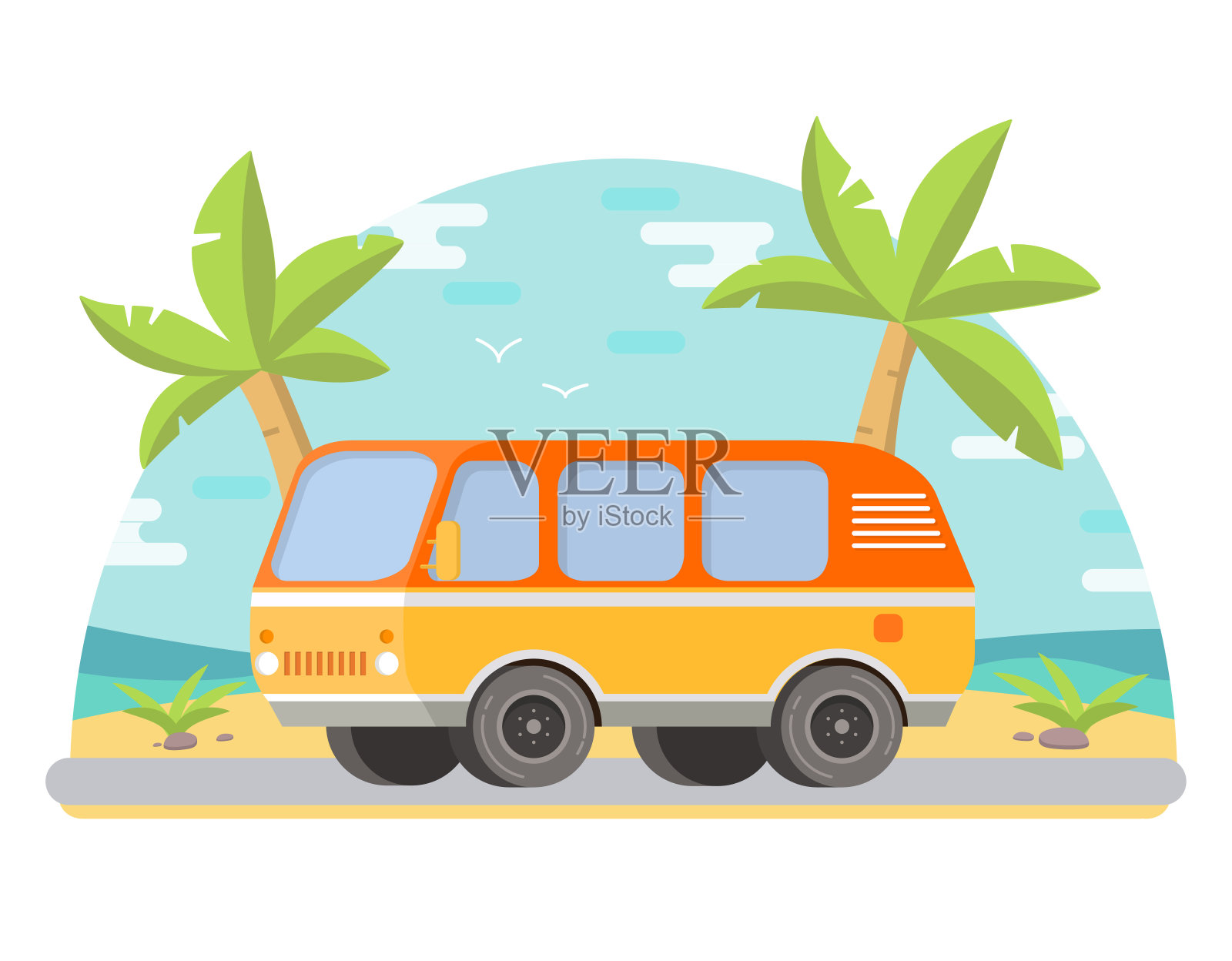 热带景观，海边的棕榈树，沙滩。路，旅行，旅行到货车。在平面风格中，矢量。旅游巴士。插画图片素材