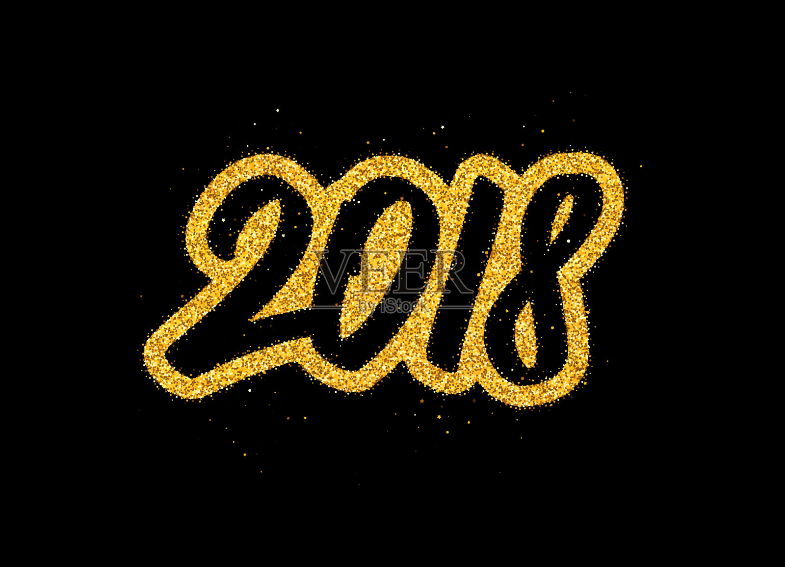 2018年新年贺卡设计与金色书法文字在黑色的背景。矢量节日插图与现代印刷。插画图片素材