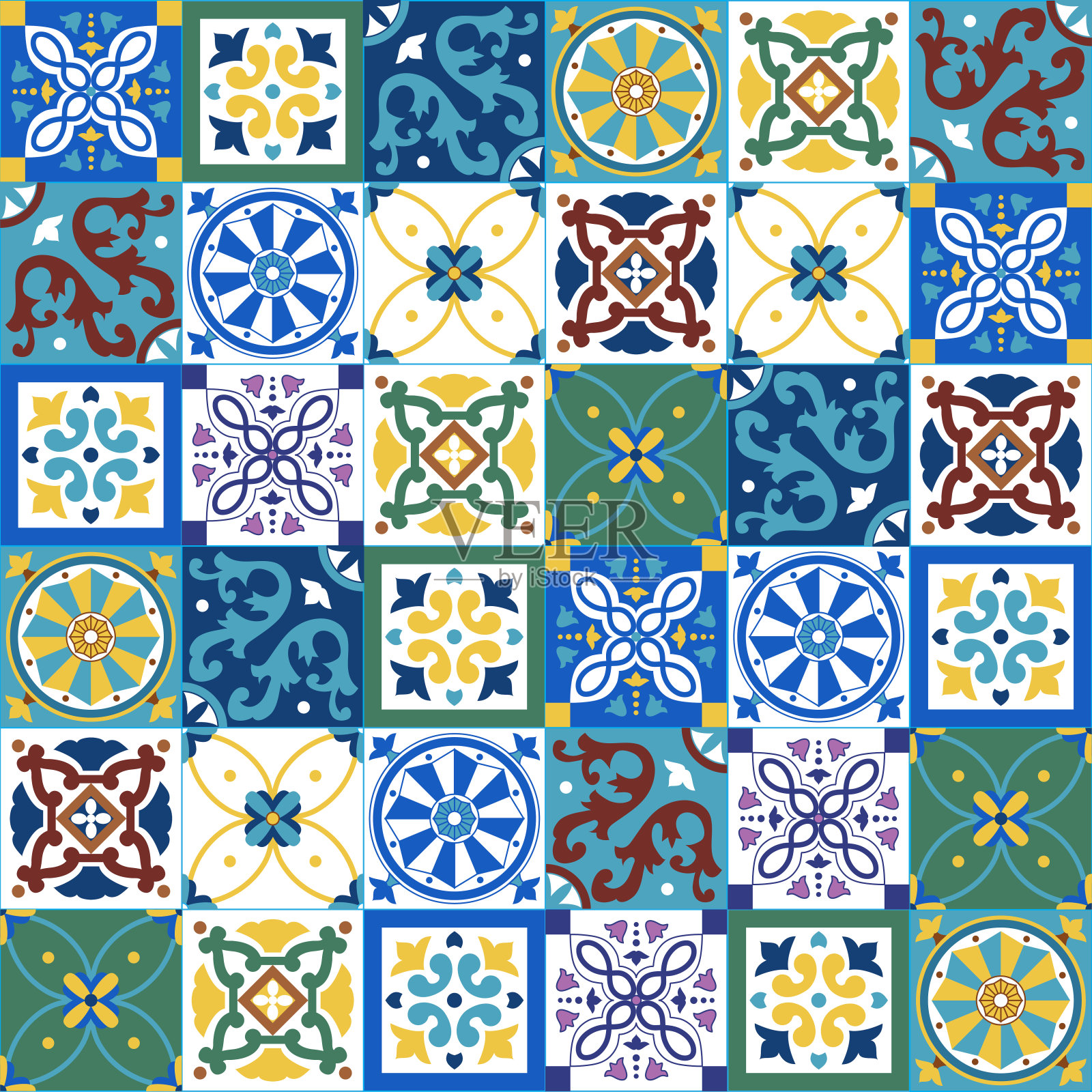 葡萄牙传统华丽的阿祖列霍，无缝矢量图案在蓝和白色的颜色插画图片素材