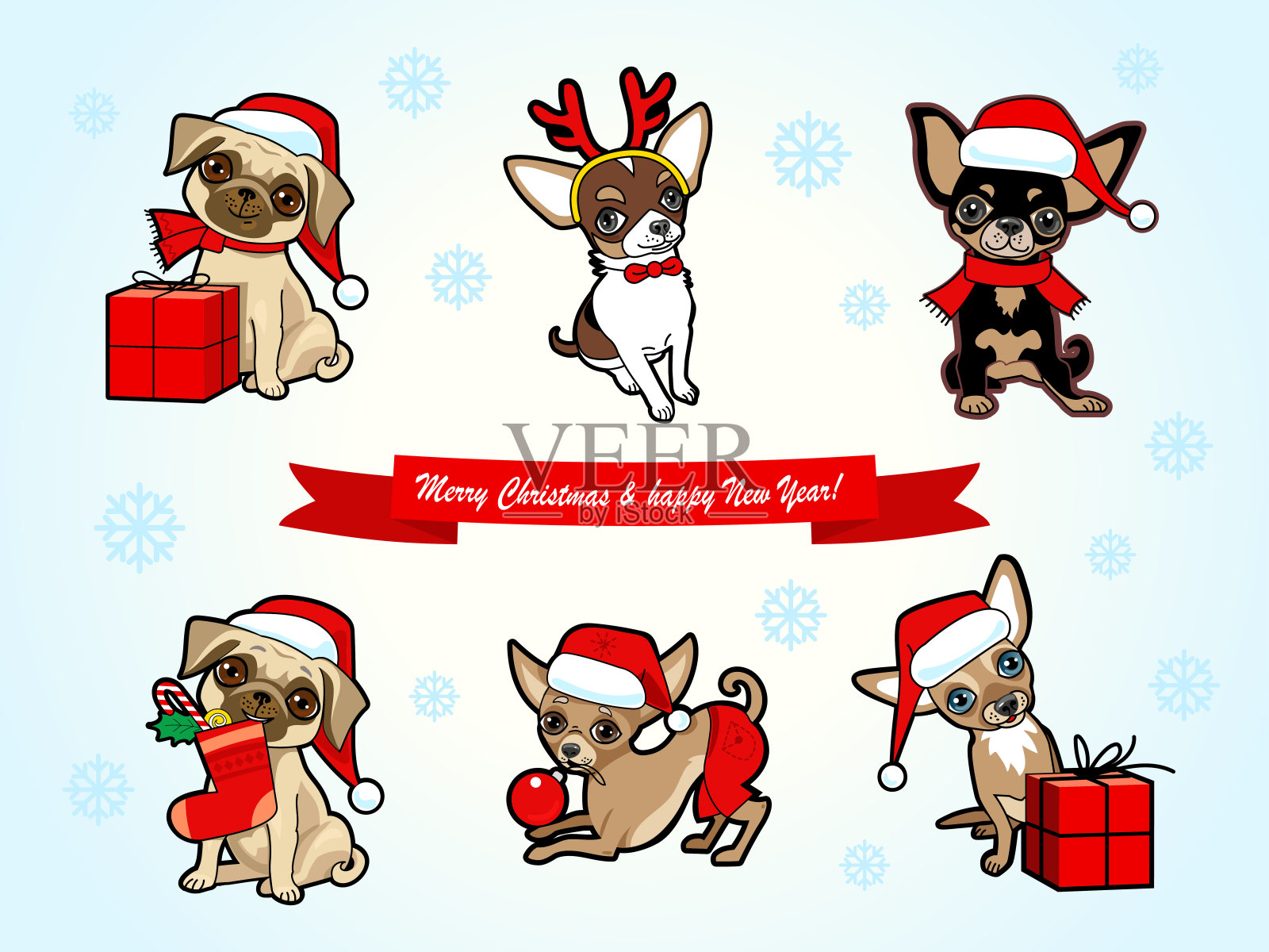 圣诞和新年贴纸收集可爱的狗。插画图片素材