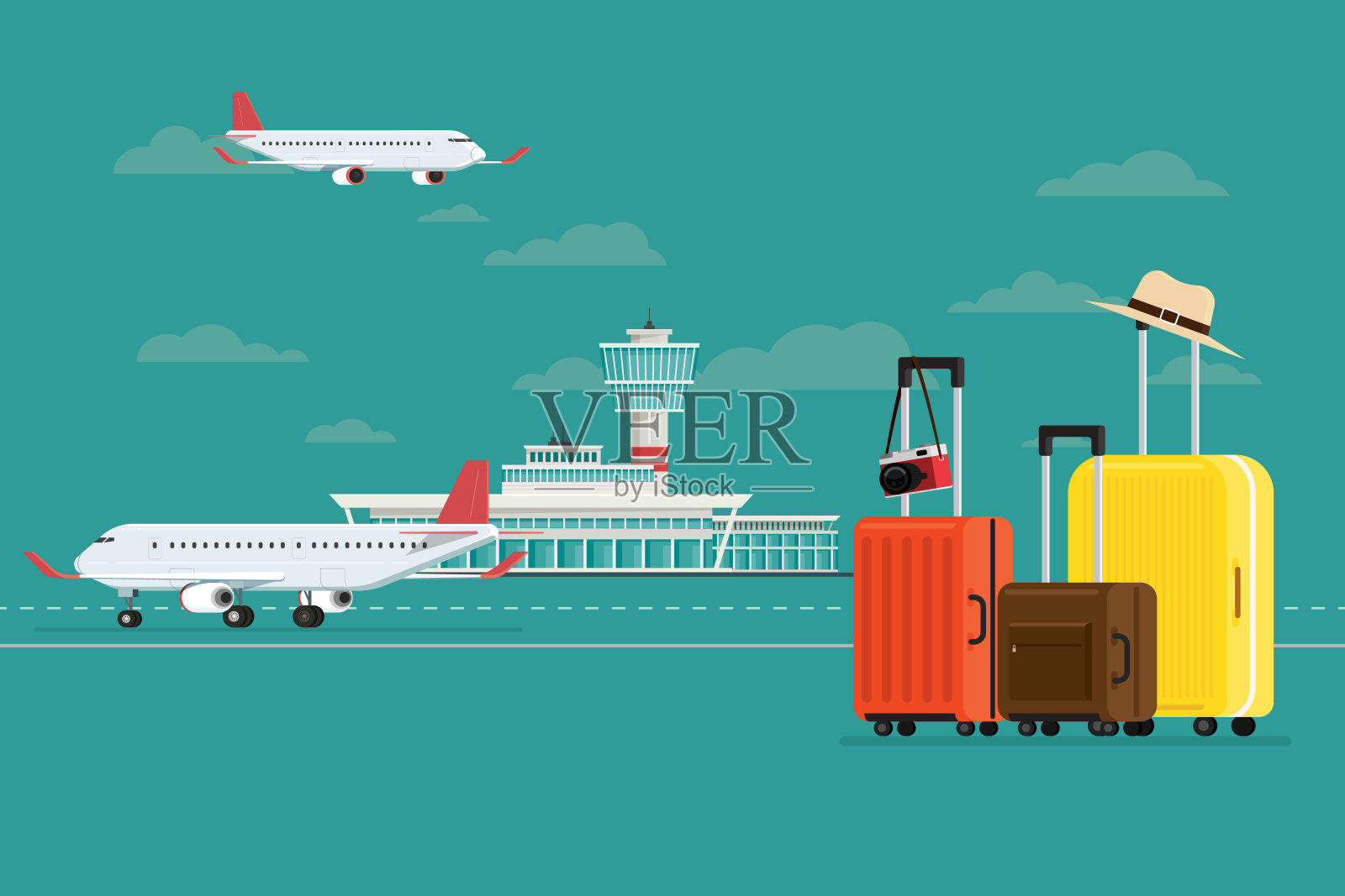 飞机在机场的到达和离开旅行天空和旅行手提箱，矢量插图插画图片素材