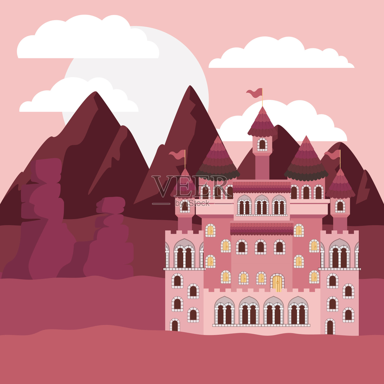 夕阳景观与山和童话城堡在多彩的剪影插画图片素材
