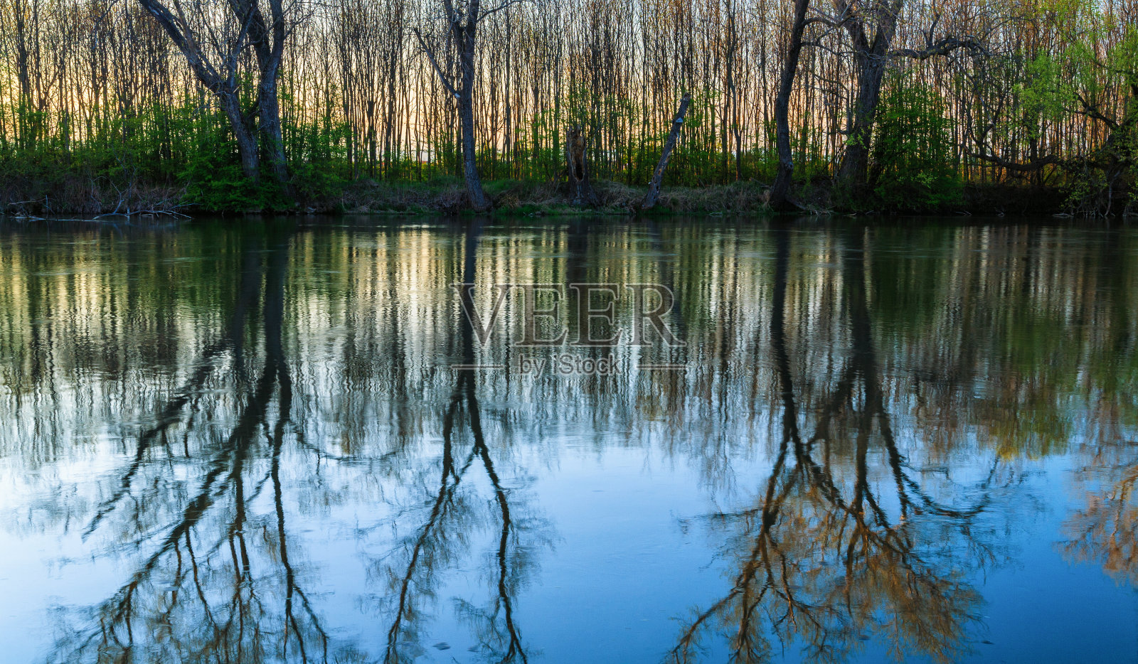 树的倒影和日落在malydunaj河，斯洛伐克照片摄影图片