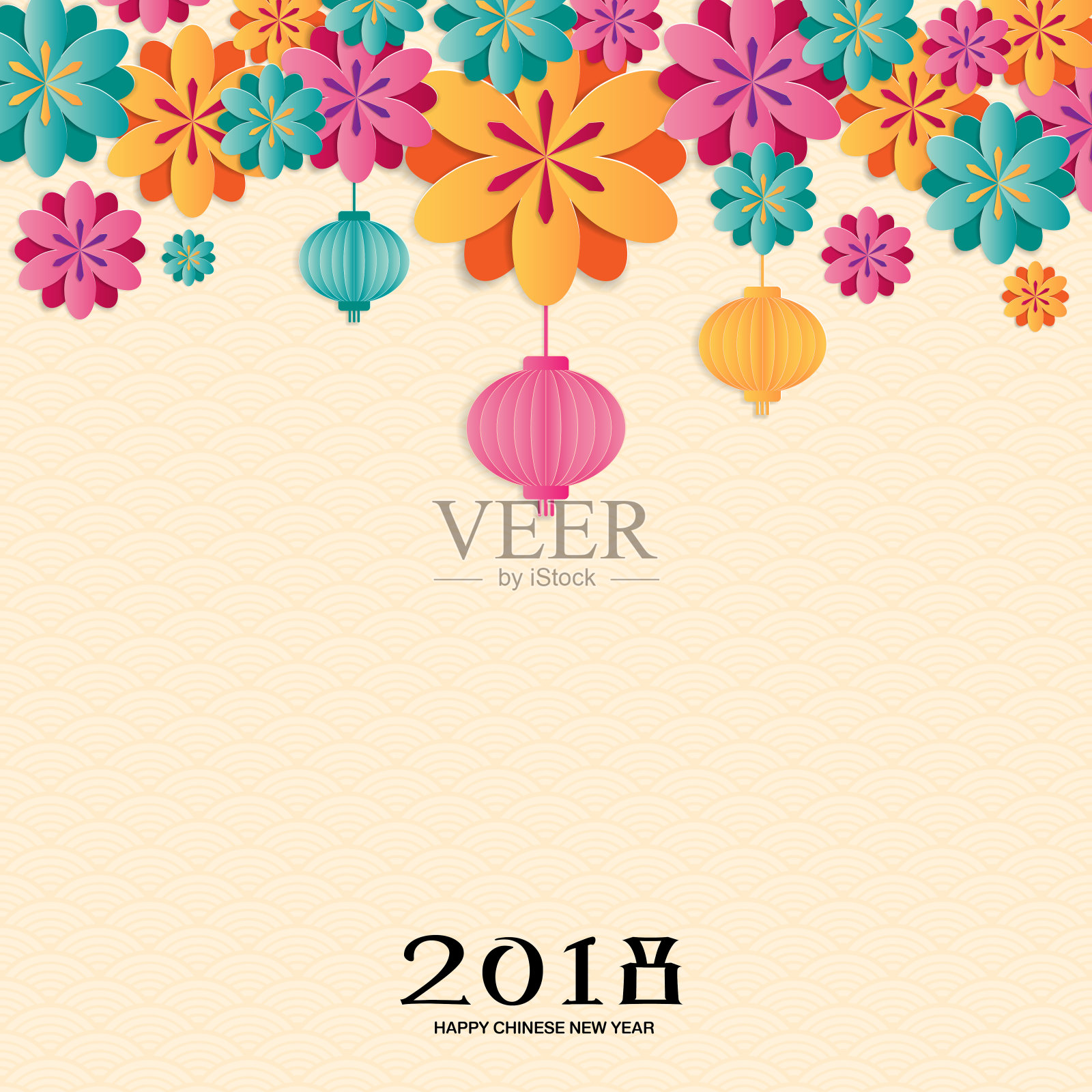 以樱花、灯笼和亚洲传统图案为背景的2018中国新年。纸艺术风格。矢量插图。设计模板素材