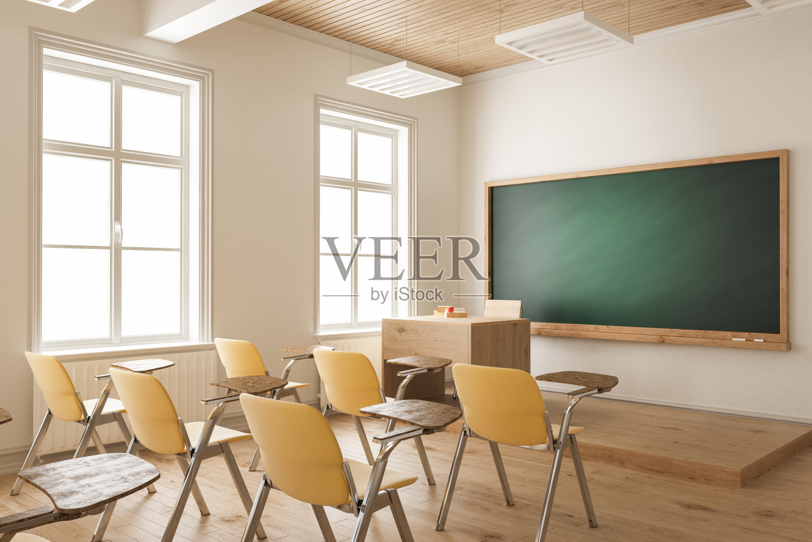 空荡荡的教室，黄色的学生椅子插画图片素材