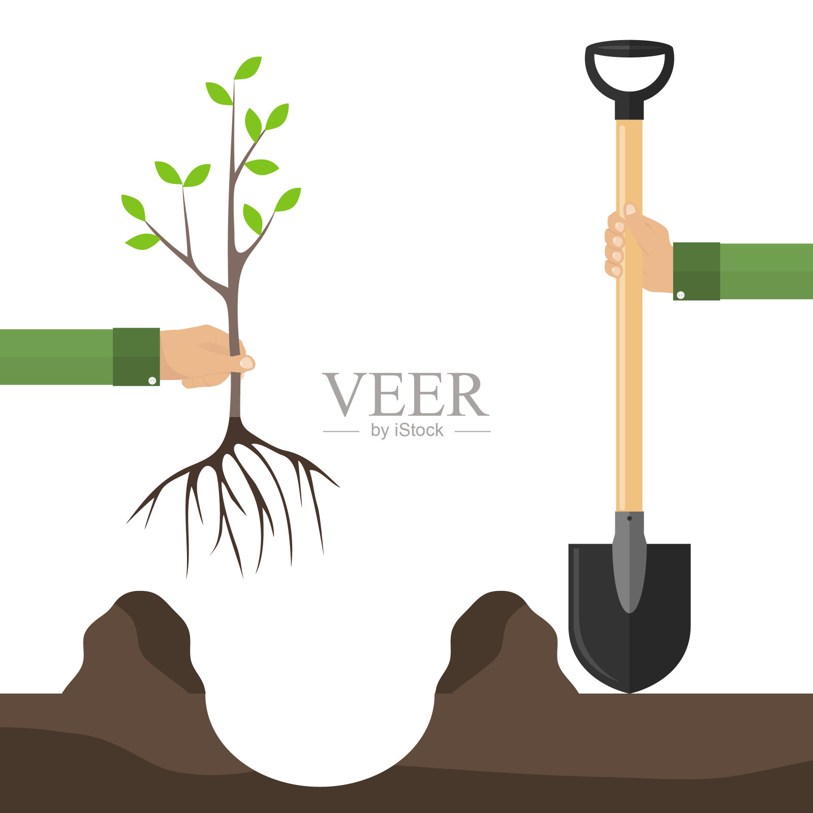 用铲子种树苗的人。种植一棵树的概念。一只手拿着铲子，另一只手拿着树苗。插画图片素材
