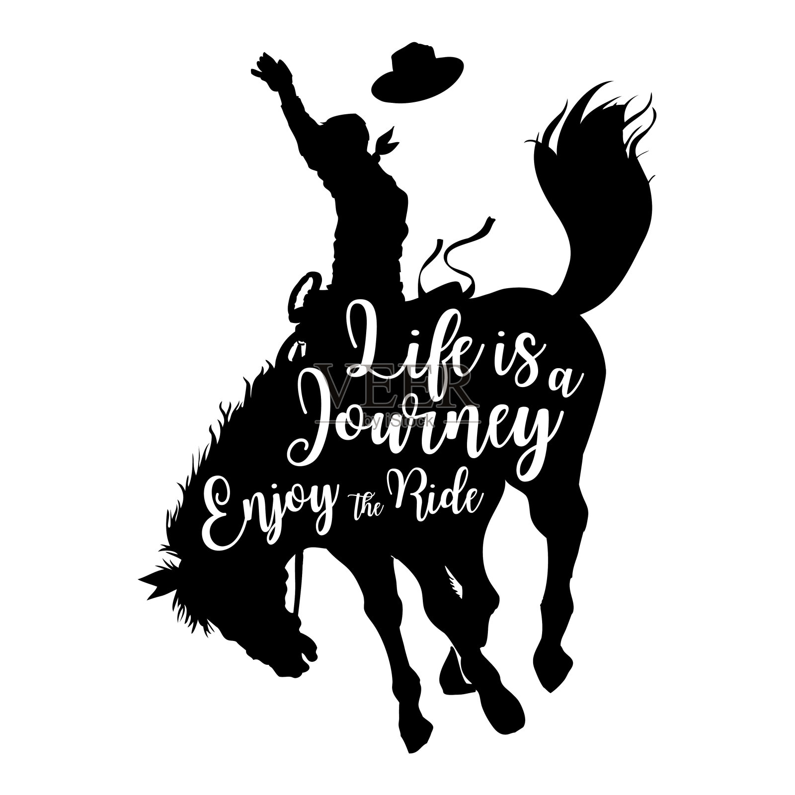 一个牛仔的剪影骑着一匹带有文字的野马，是人生旅途中享受的骑行，向量设计元素图片