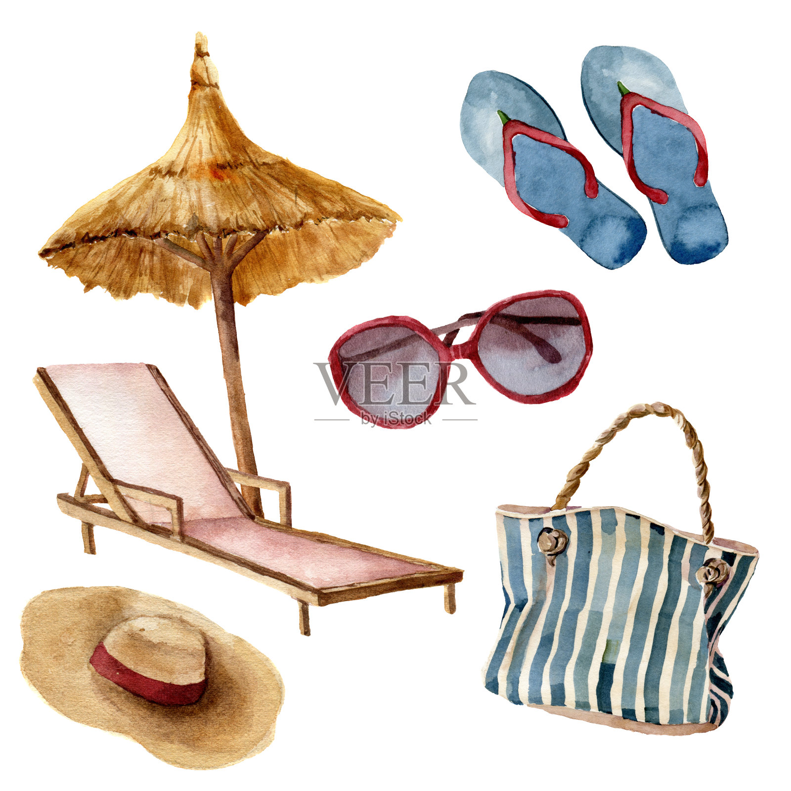 水彩画夏季海滩设置。手绘夏日度假物品:太阳镜、沙滩伞、沙滩椅、草帽、沙滩包、人字拖。热带插图孤立在白色背景。插画图片素材