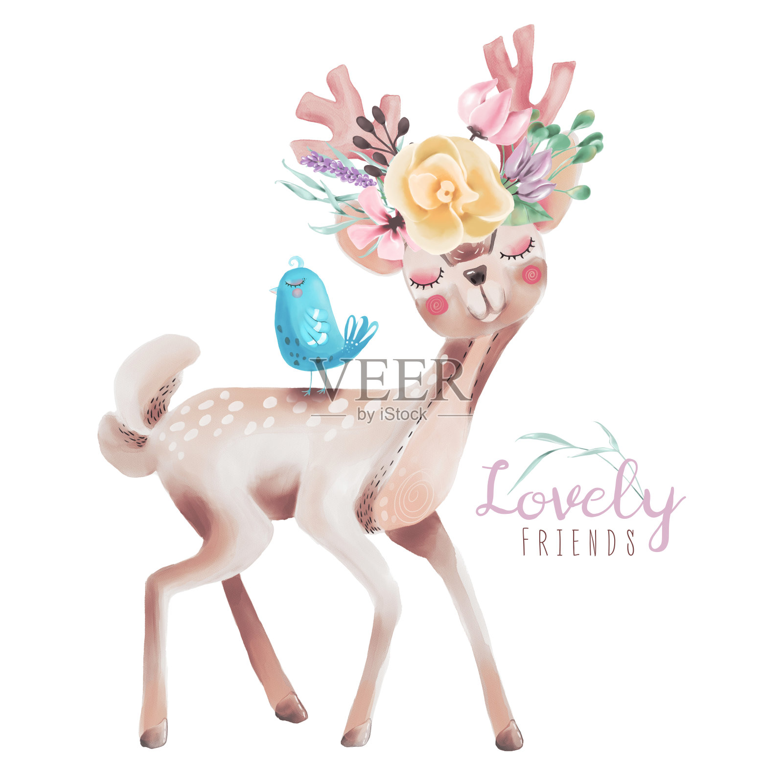 可爱的水彩画梦幻鹿，鹿角上开着花的小鹿和蓝色的雏鸟插画图片素材