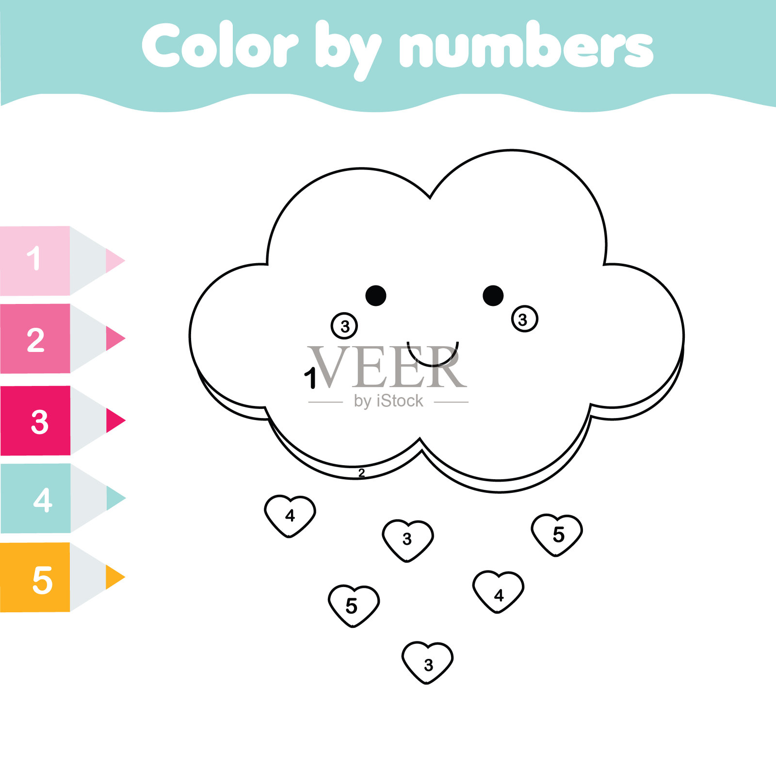 儿童教育游戏。用可爱的云着色页面。按数字着色，可打印活动设计元素图片