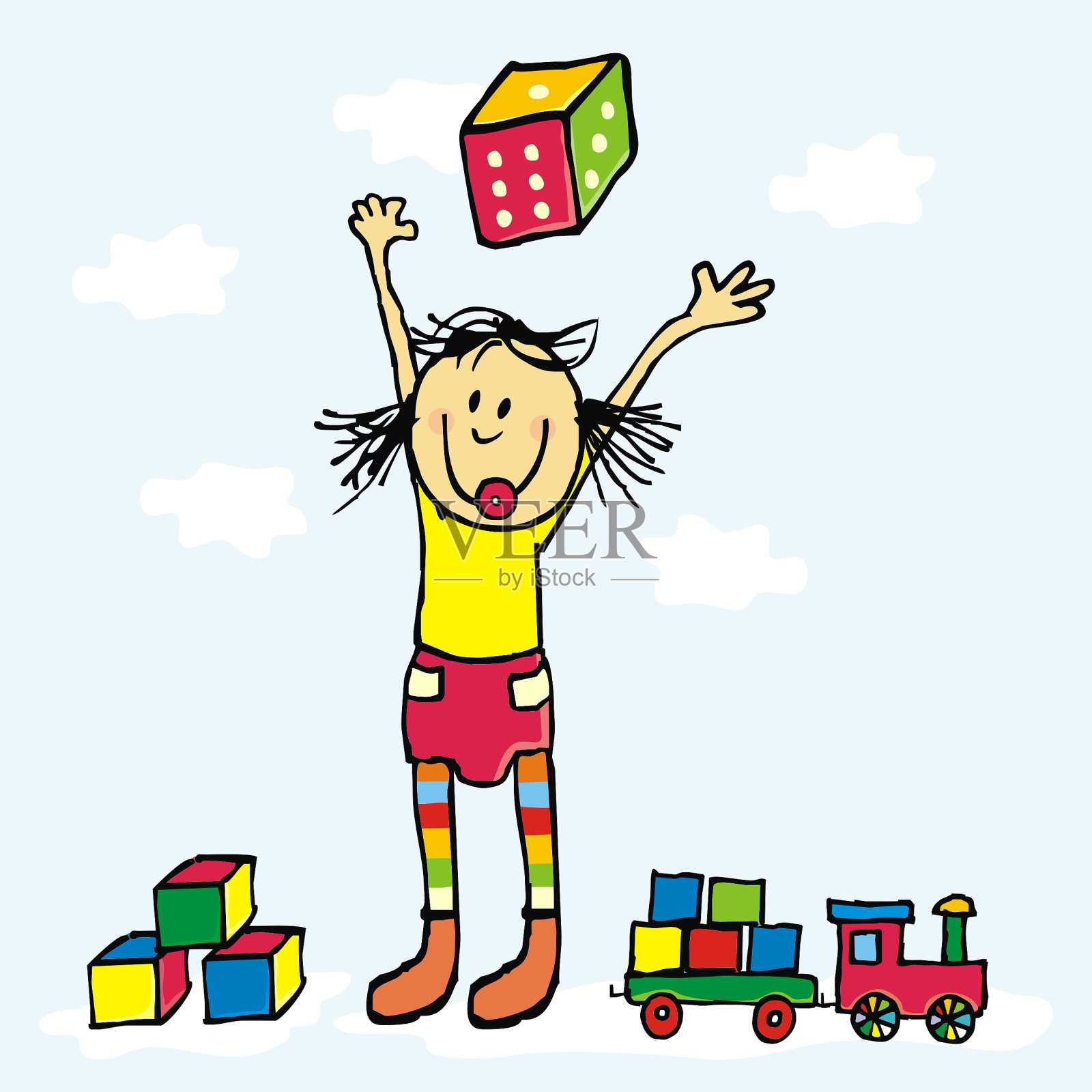 快乐的孩子，女孩和玩具，骰子，方块和火车插画图片素材
