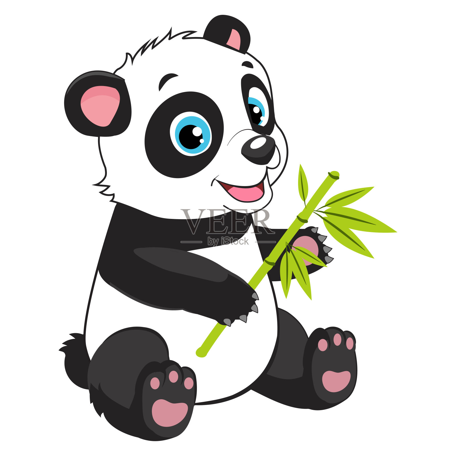 卡通熊猫吃竹枝矢量插图。熊猫服装。设计元素图片