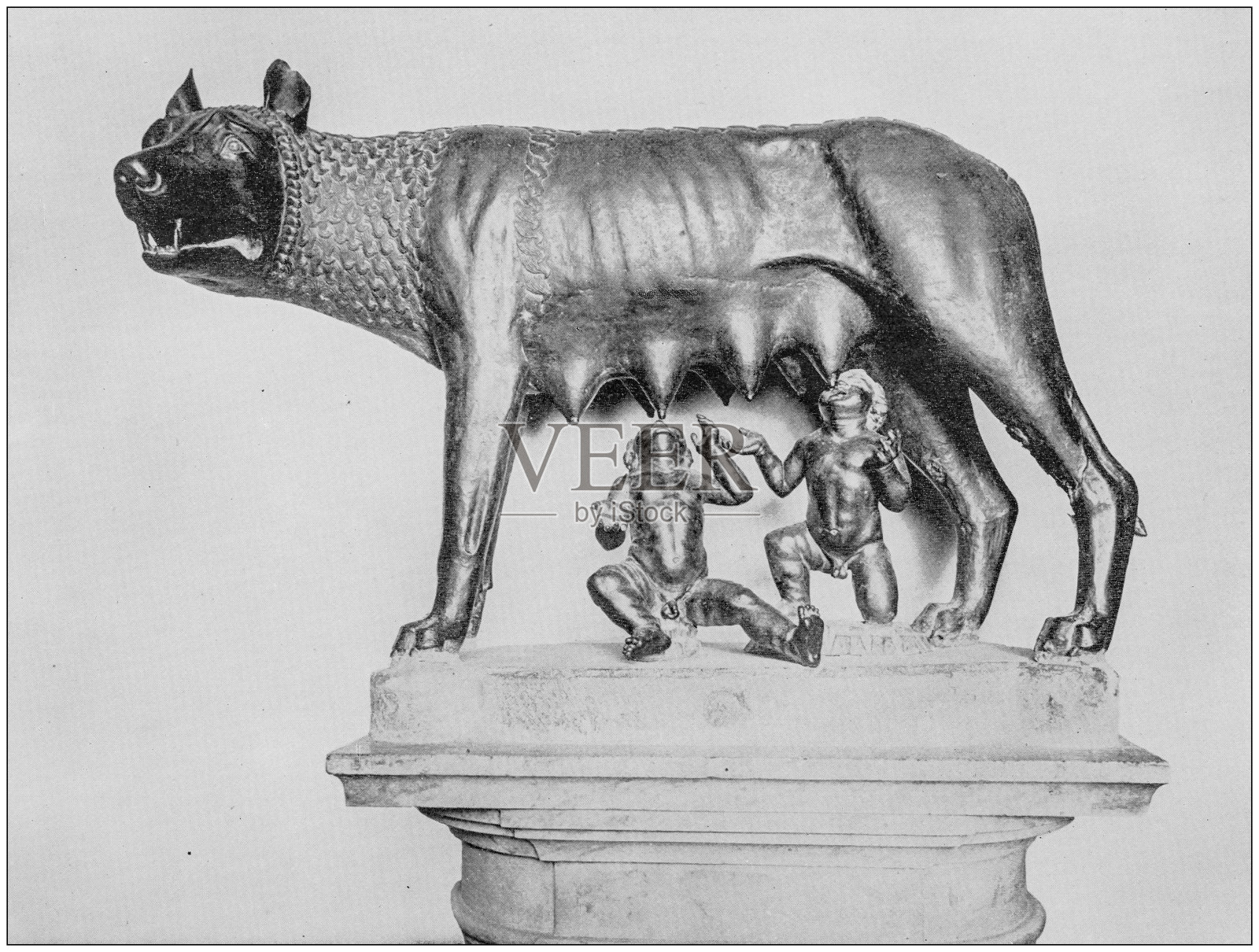 世界著名景点的古老照片:罗穆卢斯和雷穆斯吮吸狼，罗马，意大利照片摄影图片