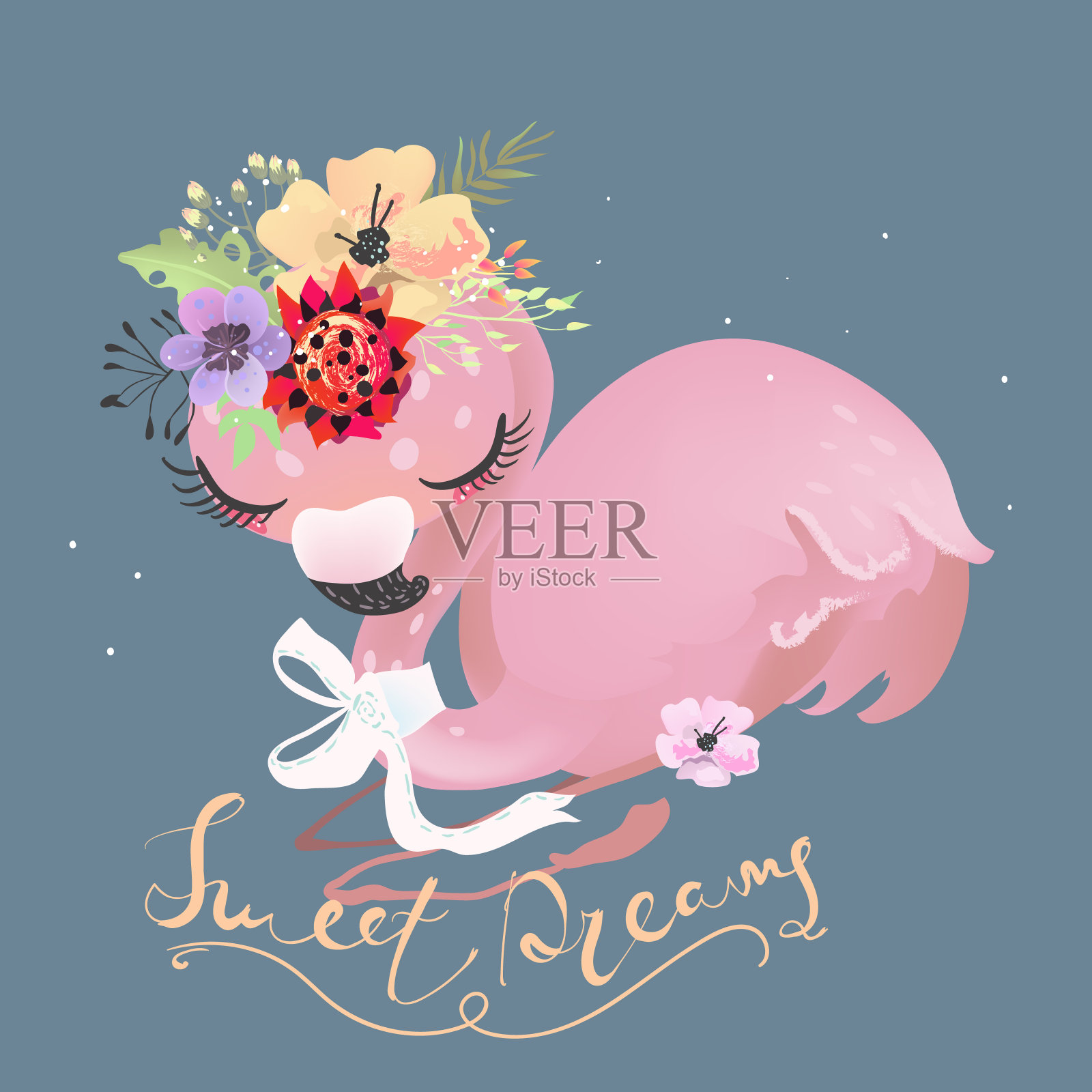 可爱的梦想火烈鸟粉红色的婴儿公主异国情调的鸟系蝴蝶结和热带花朵插画图片素材