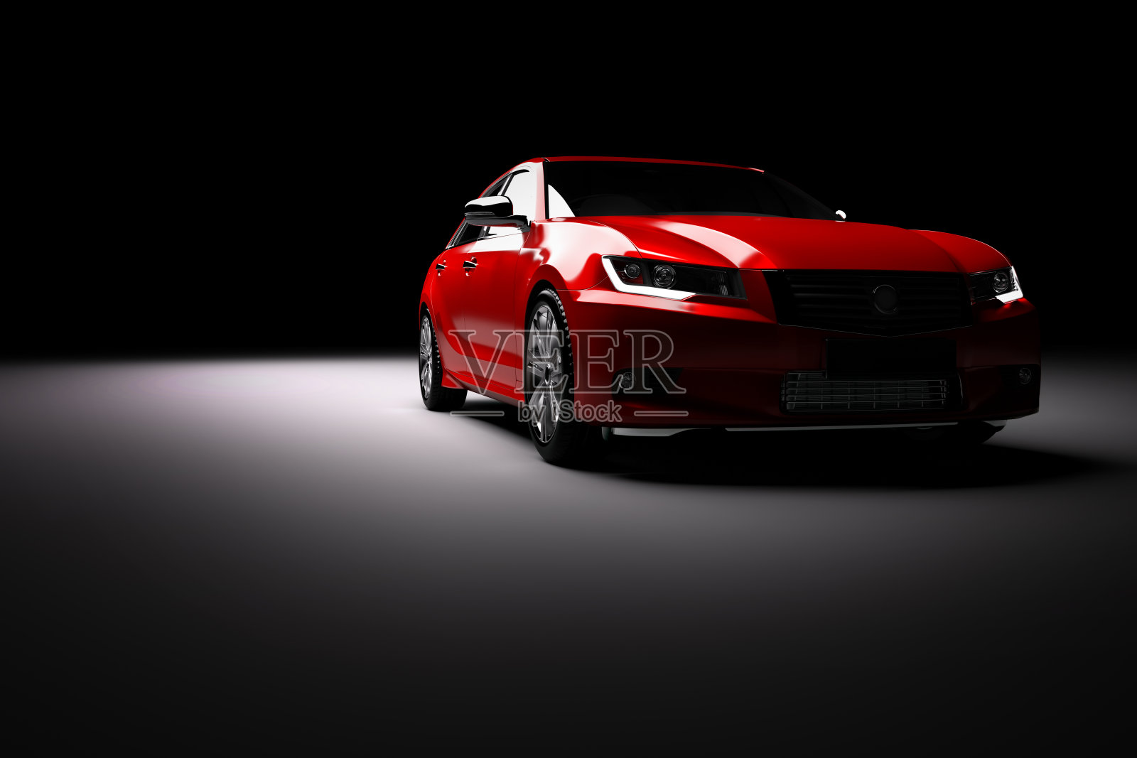 新的红色金属轿车轿车在聚光灯下。现代设计,brandless。照片摄影图片
