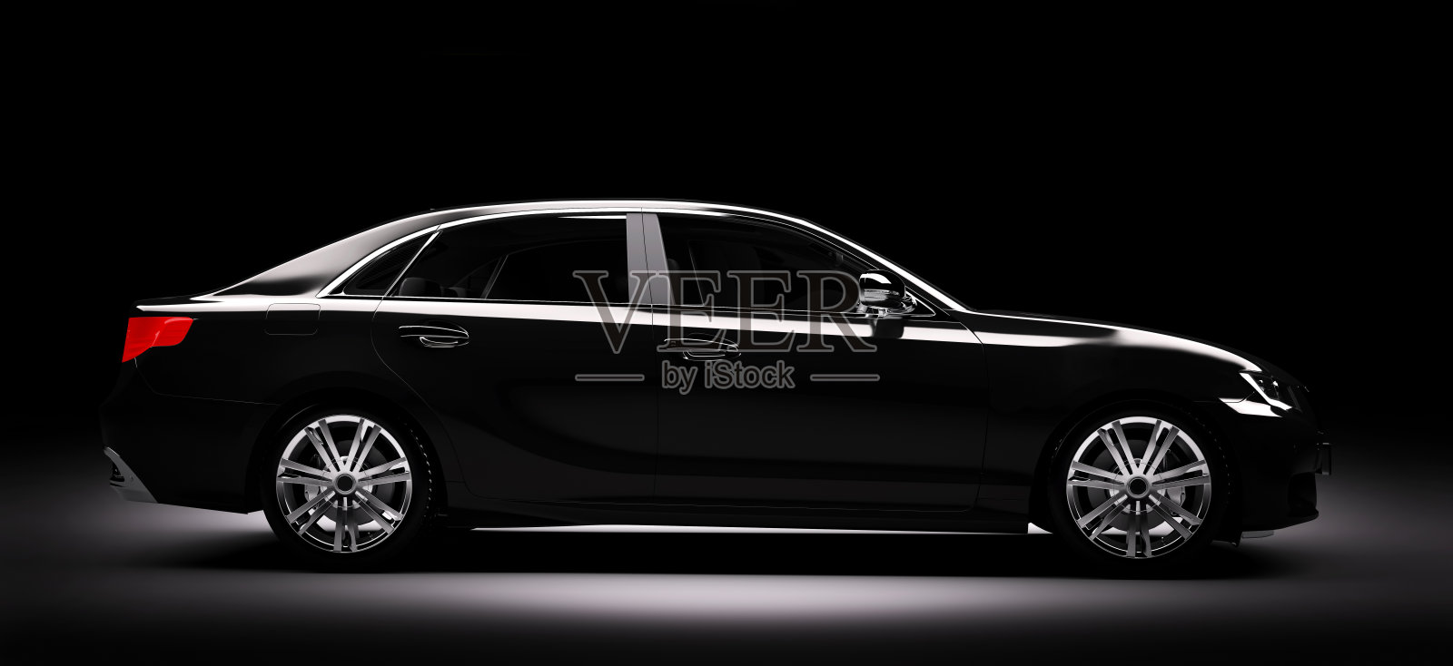 新的黑色金属轿车轿车在聚光灯下。现代设计,brandless。照片摄影图片