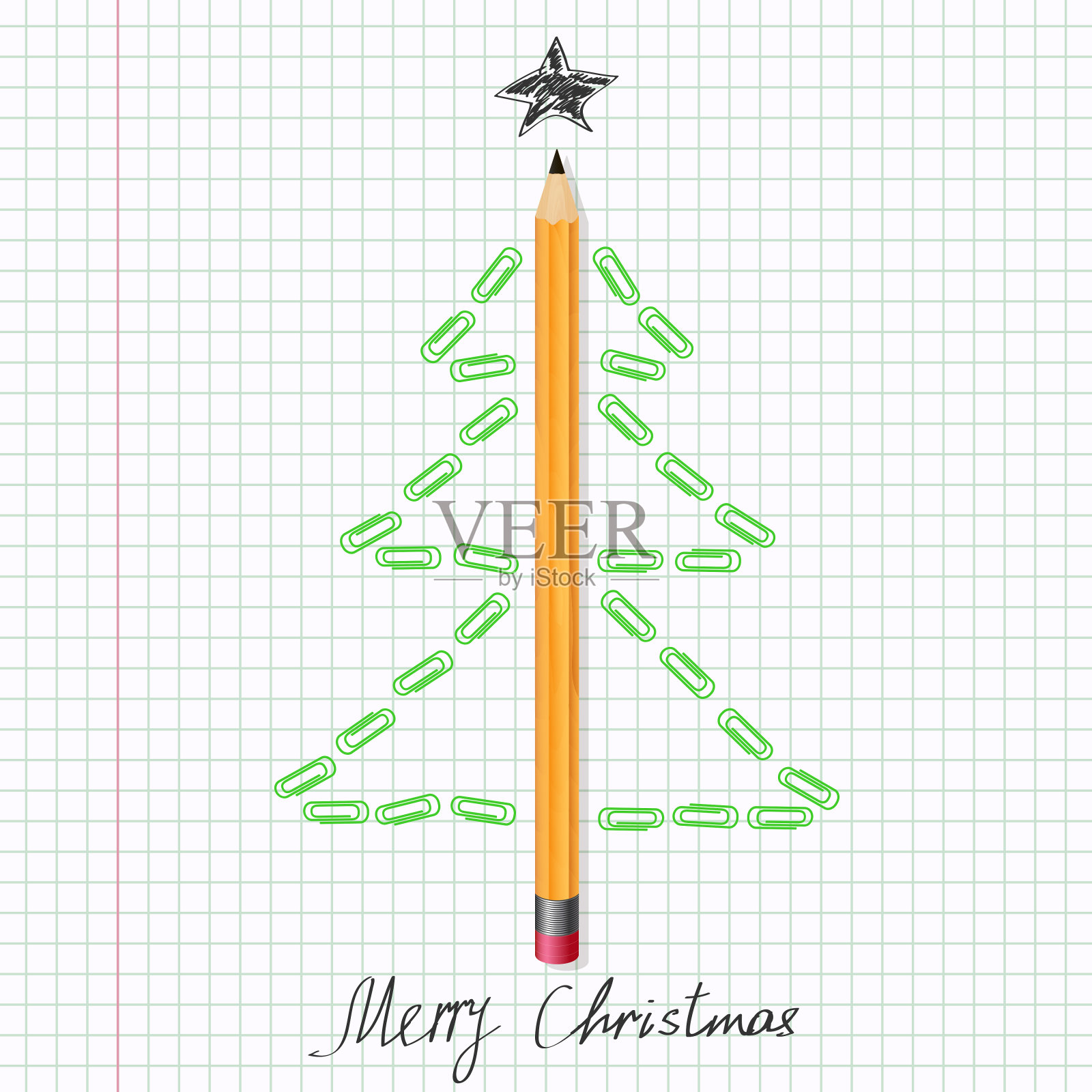 用铅笔和回形针在笔记本上做成的圣诞树插画图片素材