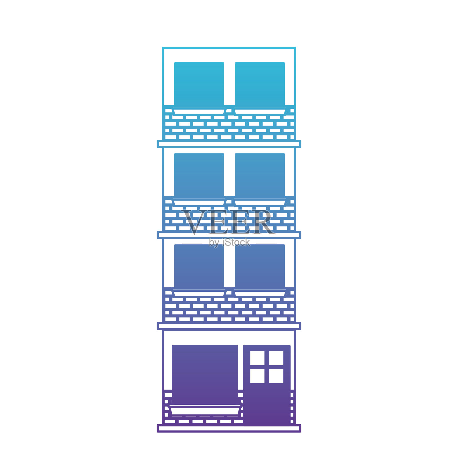 四层楼的建筑立面采用了从蓝色到紫色的渐变轮廓插画图片素材