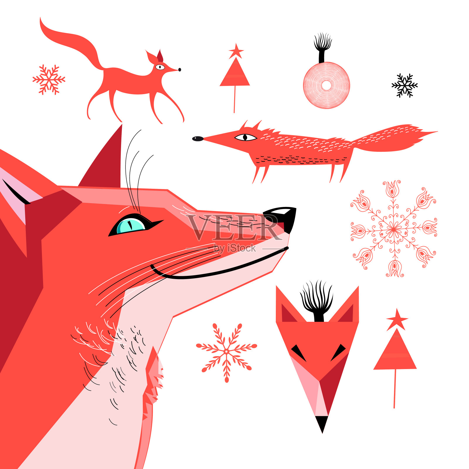 一组红色狐狸的图形设计元素图片