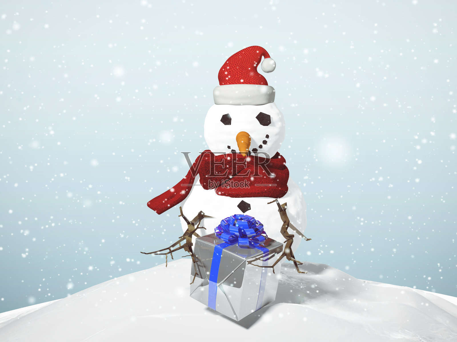 3D插图雪人圣诞节概念与礼物盒和装饰品在一个下雪天。设计元素图片