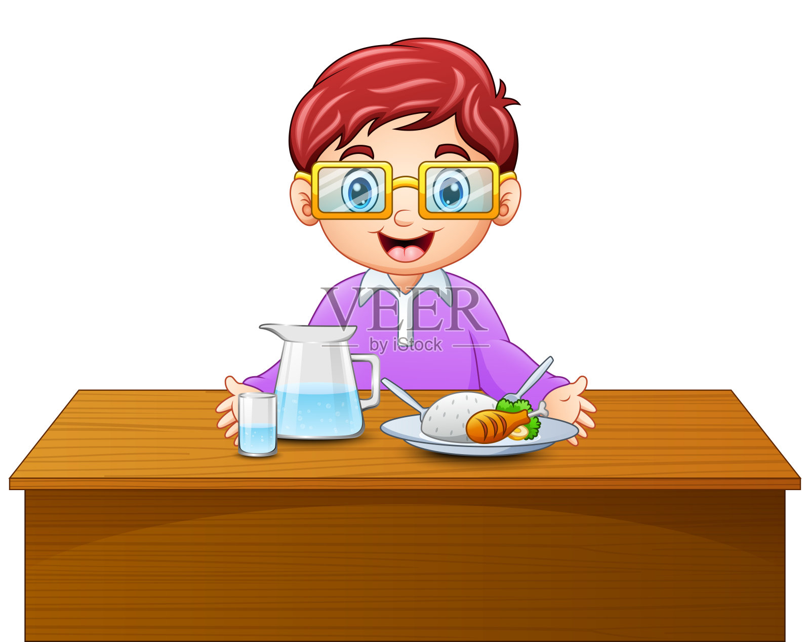 可爱的卡通小女孩在餐桌上吃东西插画图片素材_ID:305003166-Veer图库