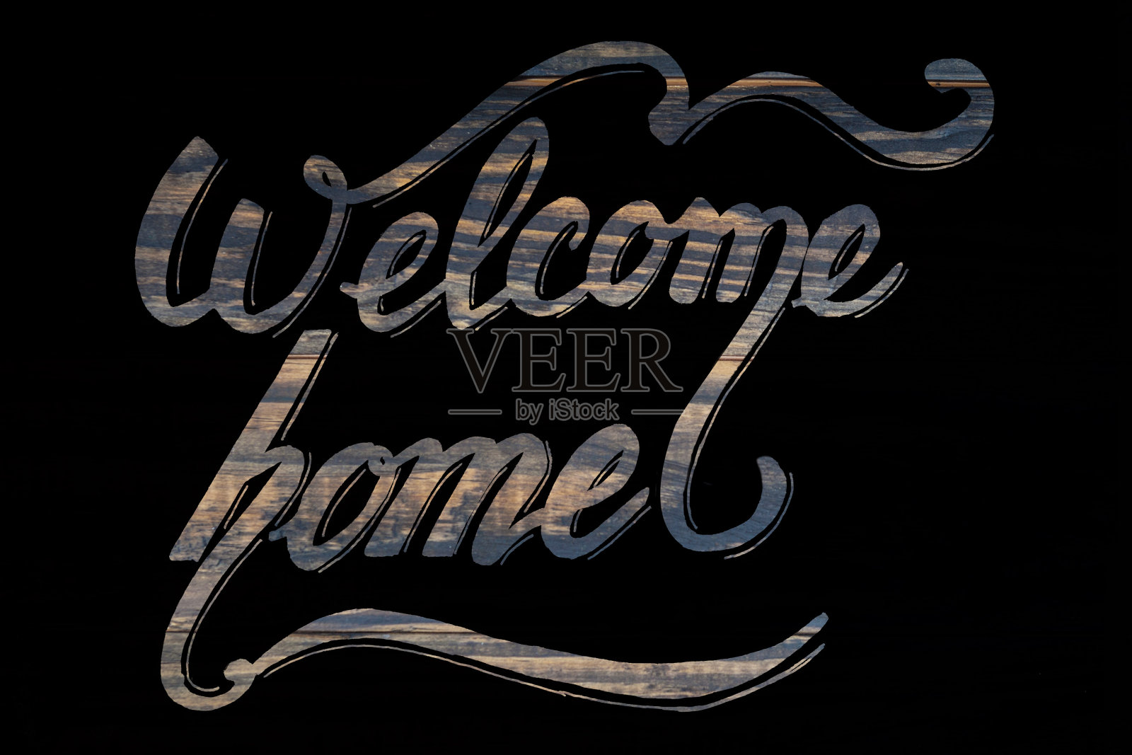 欢迎回家-木制纹理字母在黑色的背景插画图片素材