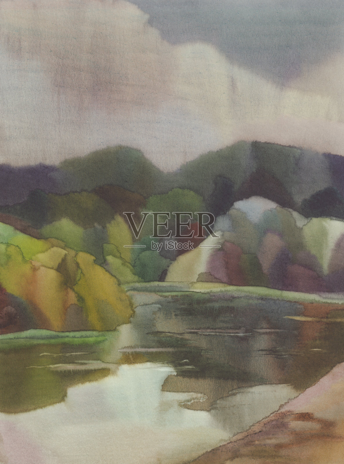 秋天的山水配上一幅河水彩画插画图片素材