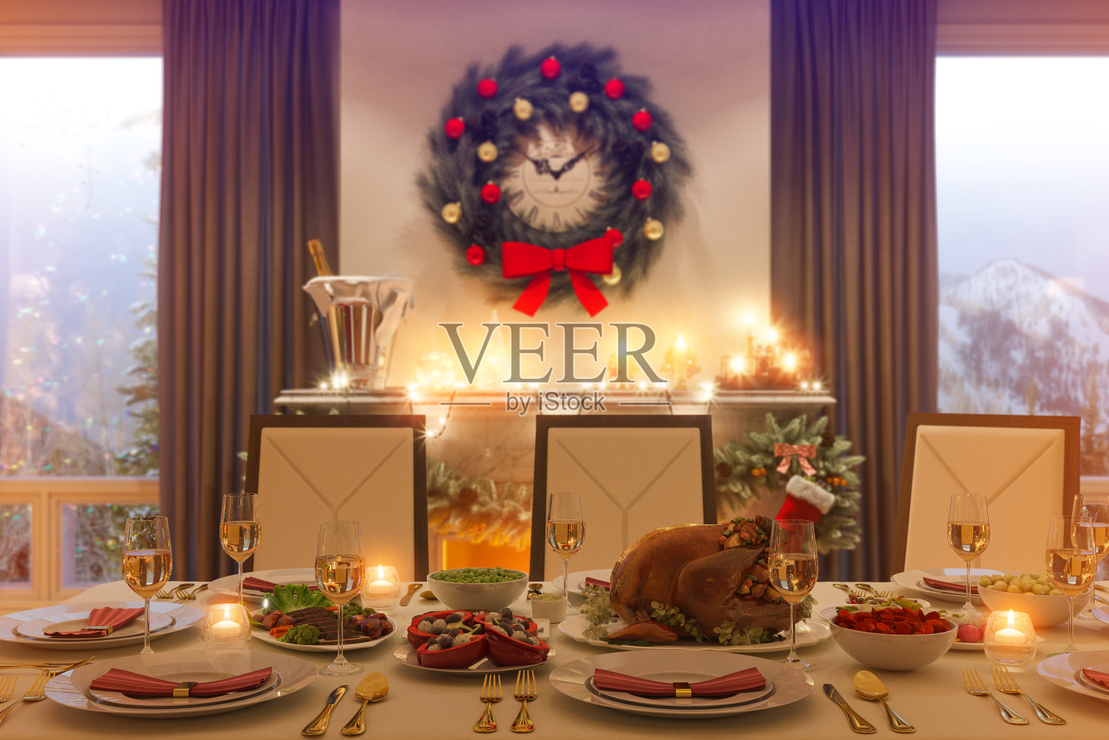 圣诞家庭餐桌和壁炉的3d插图插画图片素材