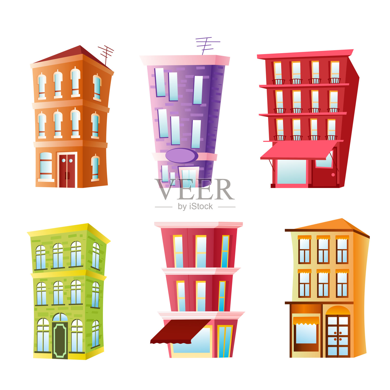 搞笑建筑的矢量插图。彩色和明亮的房子在卡通平面漫画风格的白色背景。插画图片素材