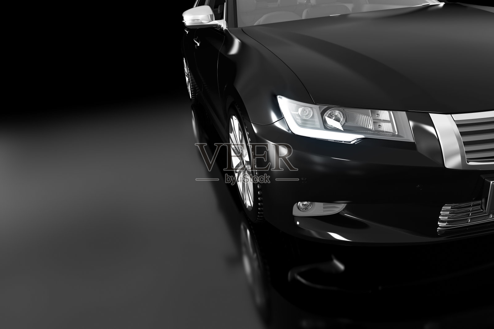 现代黑色金属轿车在聚光灯下。通用设计,brandless。照片摄影图片