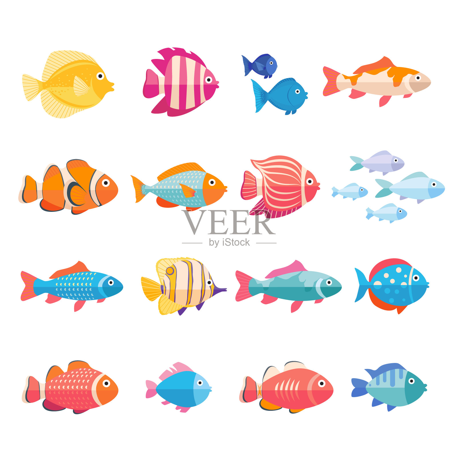 彩色水族箱鱼集矢量孤立。热带鱼类收藏插画图片素材