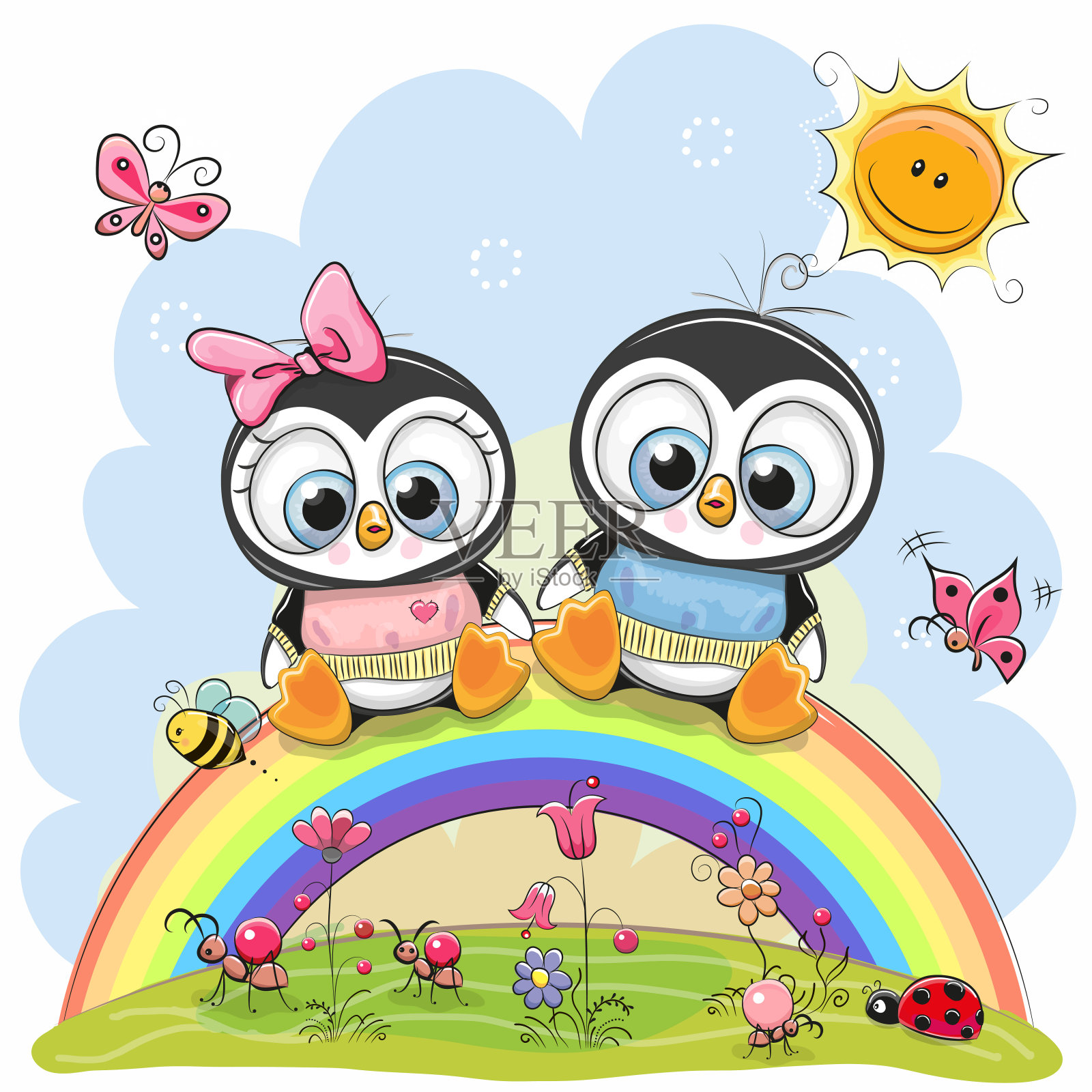 两只企鹅坐在彩虹上插画图片素材