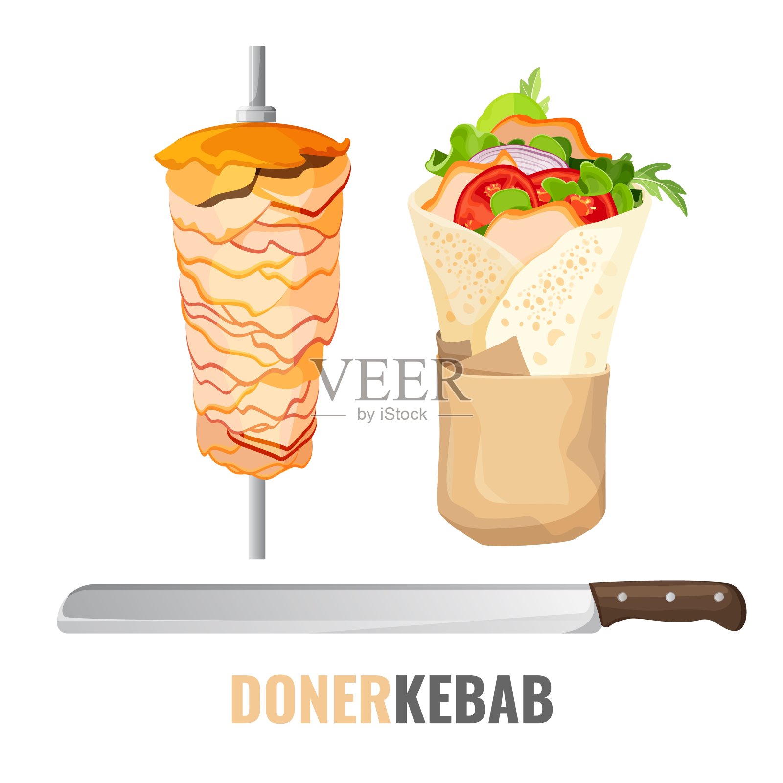 烤肉串促销海报与满足在串和刀插画图片素材