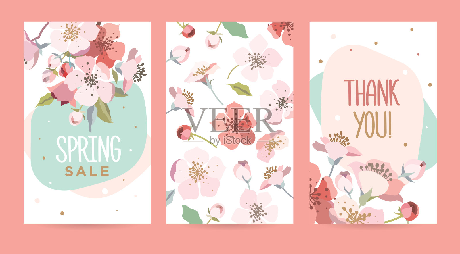 一套浪漫的樱花卡片。设计模板素材