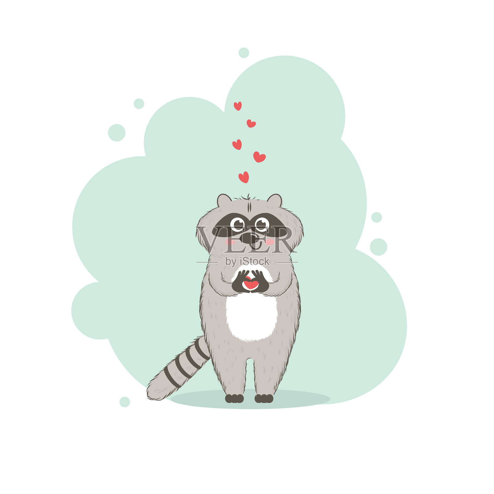 快乐的浣熊站着，手里拿着一颗心插画图片素材
