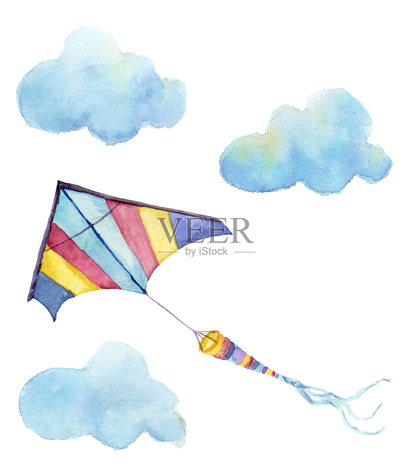 水彩风筝空气定型。手绘复古风筝与云彩和复古设计。插图孤立在白色背景上插画图片素材