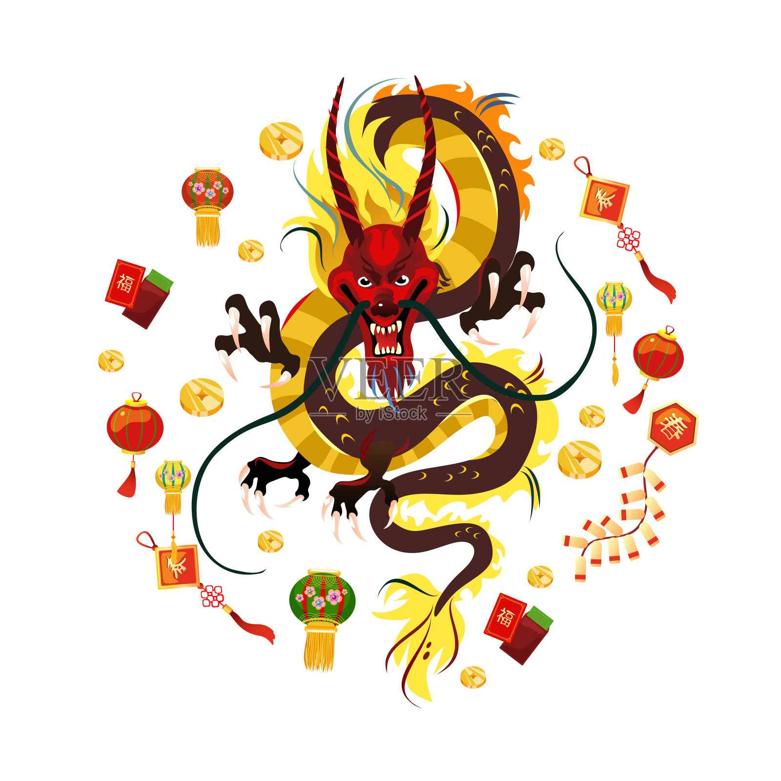 传统的中国龙，亚洲或中国文化的古老象征，装饰庆祝新年，神话动物矢量插图，纹身设计的想法插画图片素材