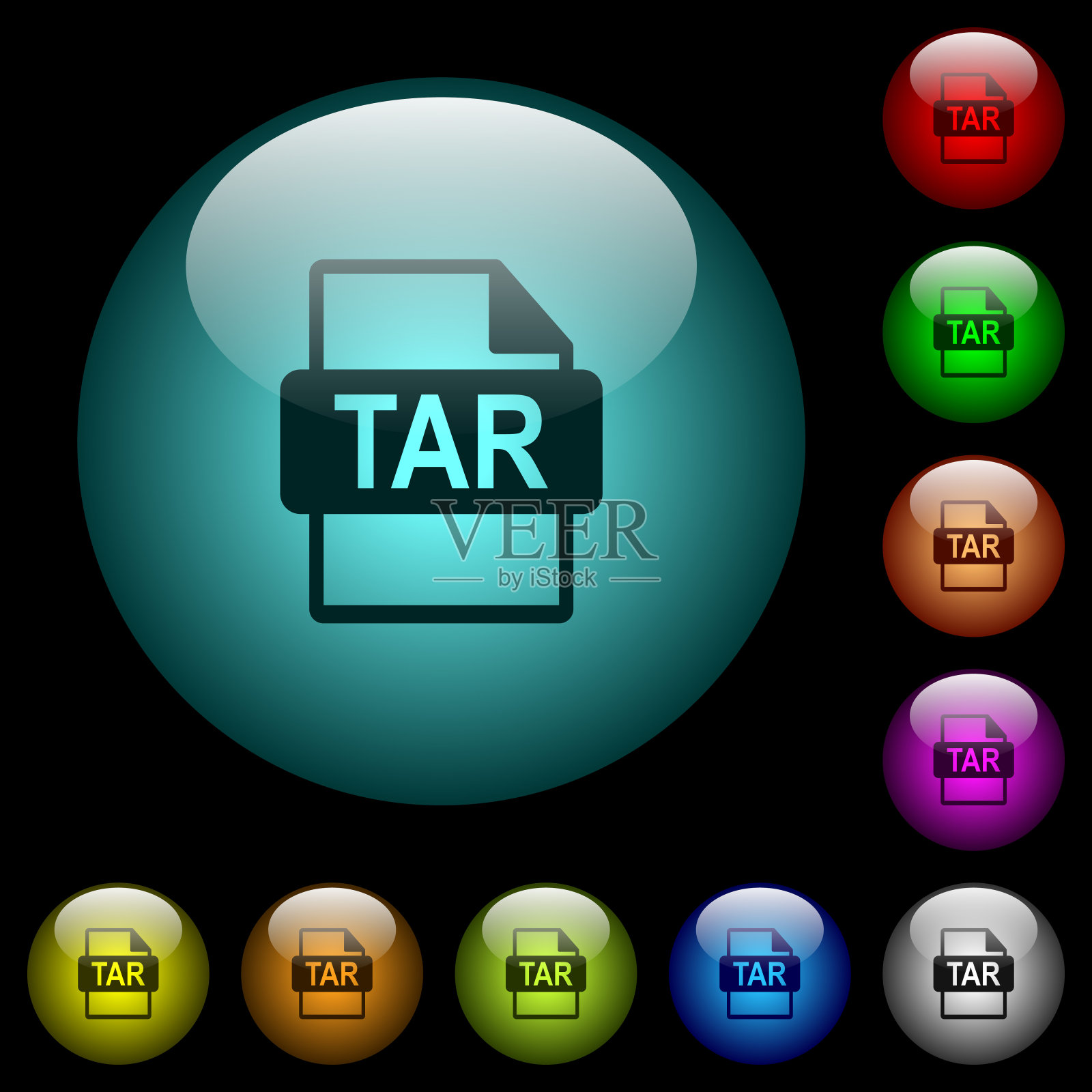 TAR文件格式图标的彩色发光玻璃按钮插画图片素材