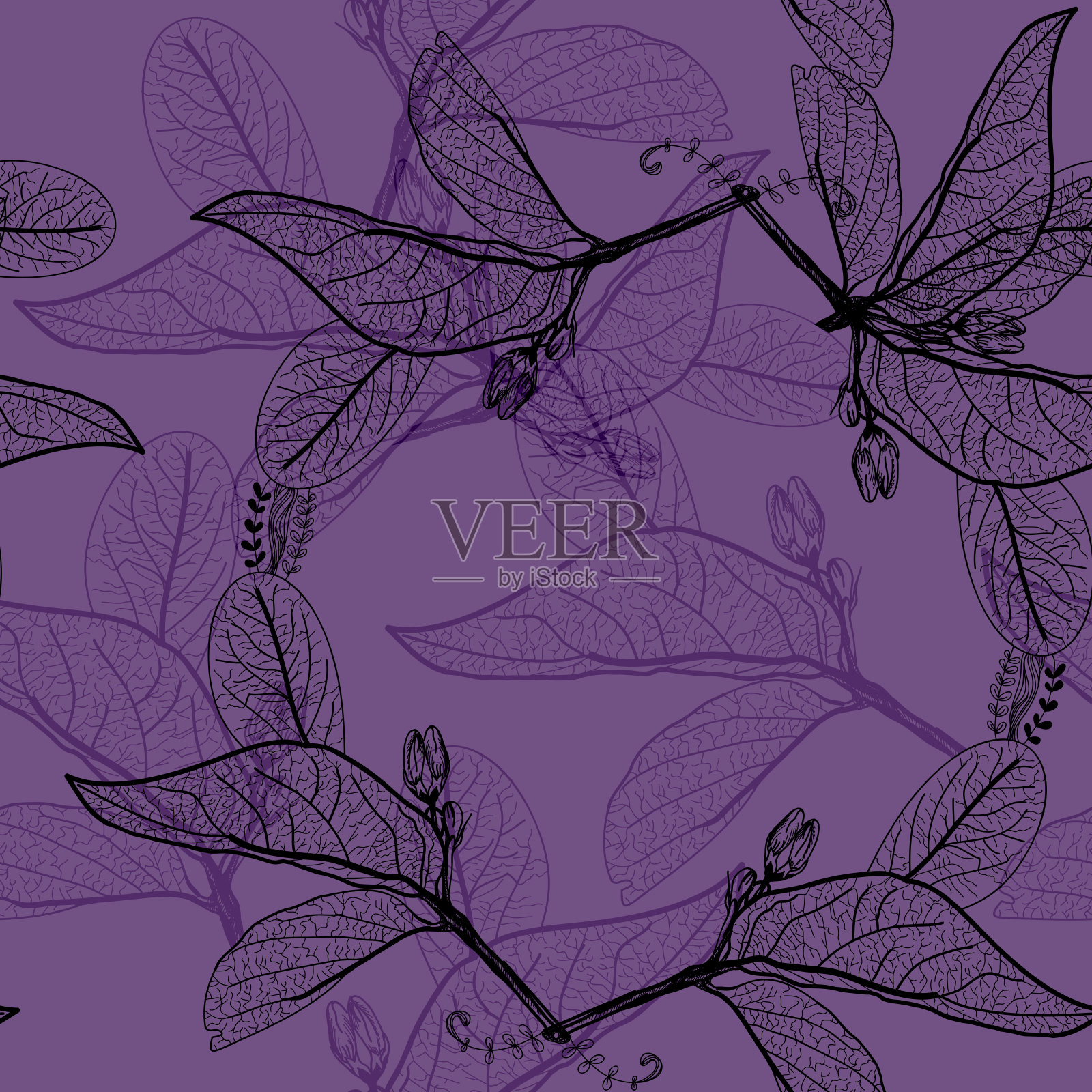 叶子黑色的轮廓在深紫色紫色的背景。花卉无缝图案，手绘。你的网站或博客的背景。向量插画图片素材